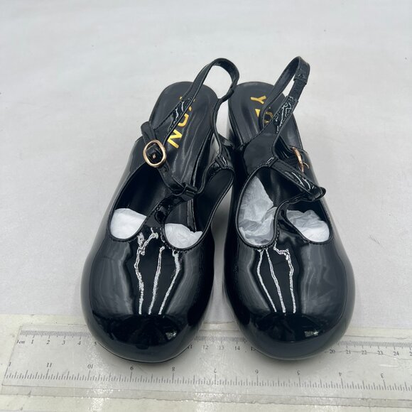 YDN Black Slingback Pumps T Strap Slip On Block Heel Closed Round Toe Dress Shoe - Picture 3 of 8